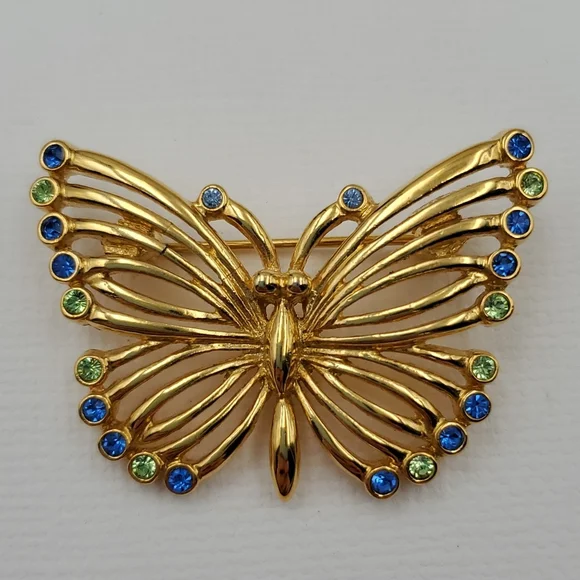 Gold Tone Butterfly with Blue & Green Rhinestones Brooch - Picture 4 of 5